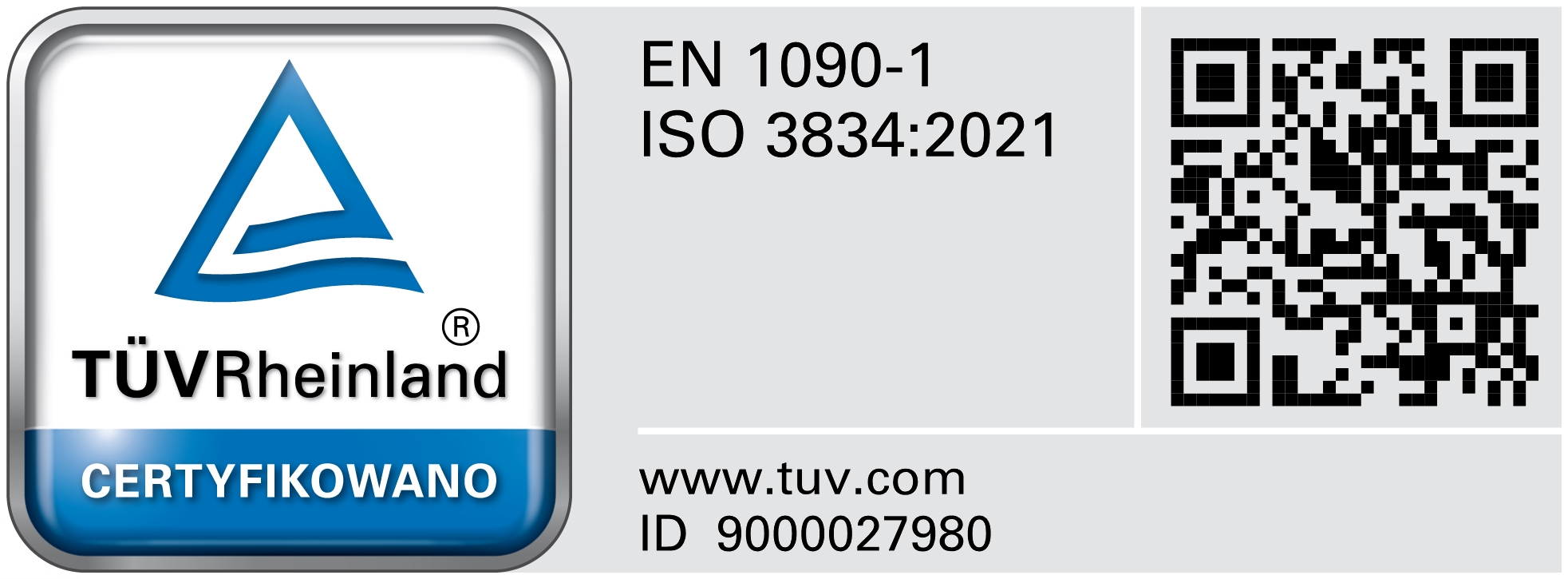 Znak certyfikacji TÜV Rheinland EN 1090-1 i ISO 3834:2021 z kodem QR
